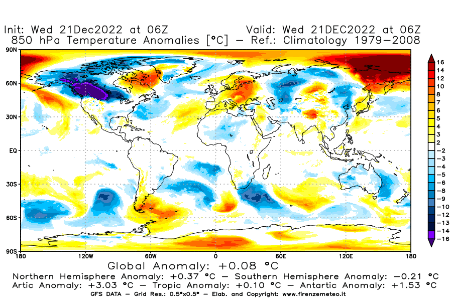 Mappa di analisi GFS - Anomalia Temperatura [°C] a 850 hPa in World
							del 21/12/2022 06 <!--googleoff: index-->UTC<!--googleon: index-->
