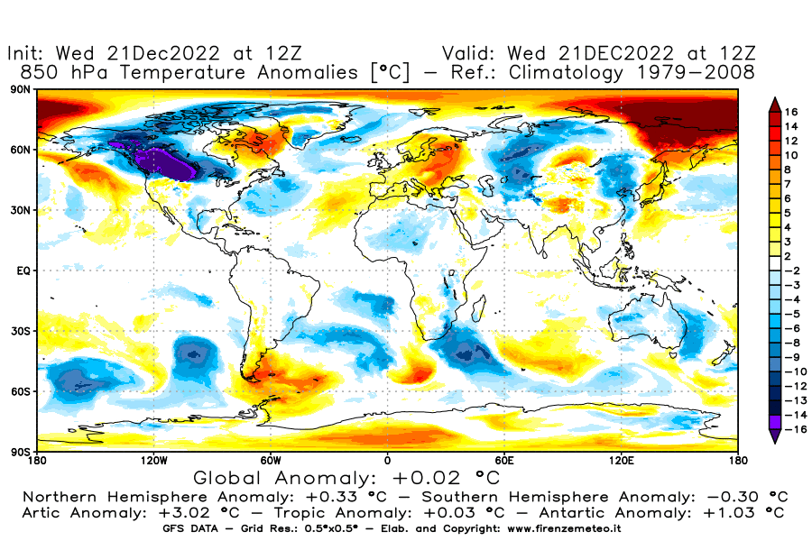 Mappa di analisi GFS - Anomalia Temperatura [°C] a 850 hPa in World
							del 21/12/2022 12 <!--googleoff: index-->UTC<!--googleon: index-->