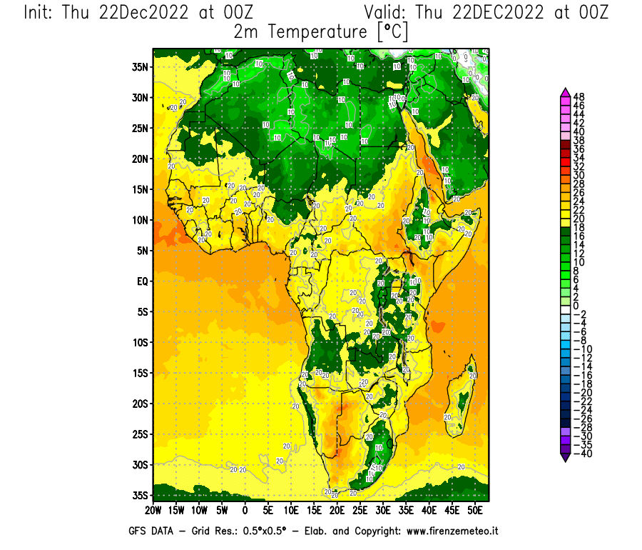 Mappa di analisi GFS - Temperatura a 2 metri dal suolo [°C] in Africa
							del 22/12/2022 00 <!--googleoff: index-->UTC<!--googleon: index-->