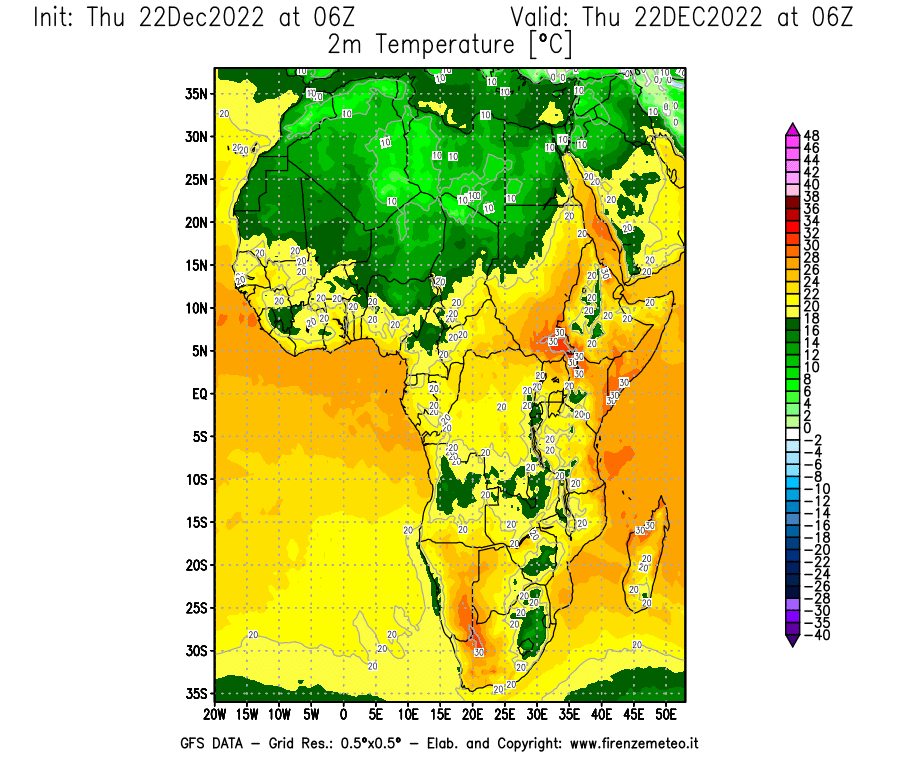 Mappa di analisi GFS - Temperatura a 2 metri dal suolo [°C] in Africa
							del 22/12/2022 06 <!--googleoff: index-->UTC<!--googleon: index-->