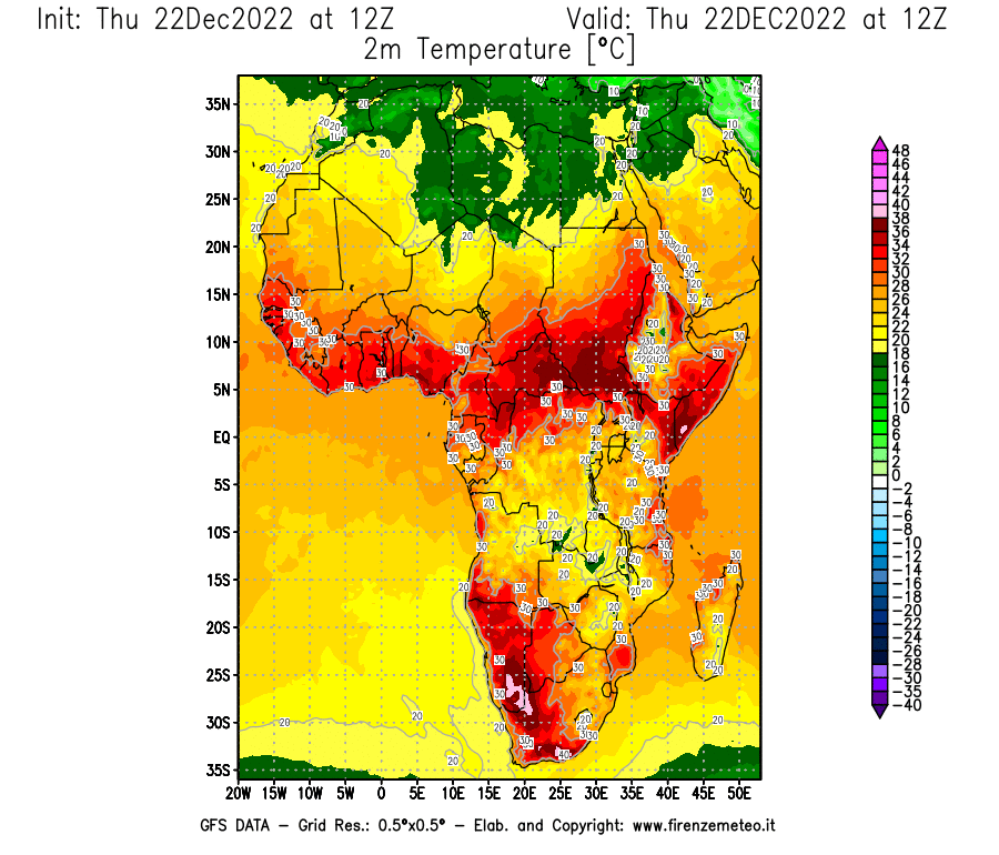 Mappa di analisi GFS - Temperatura a 2 metri dal suolo [°C] in Africa
							del 22/12/2022 12 <!--googleoff: index-->UTC<!--googleon: index-->