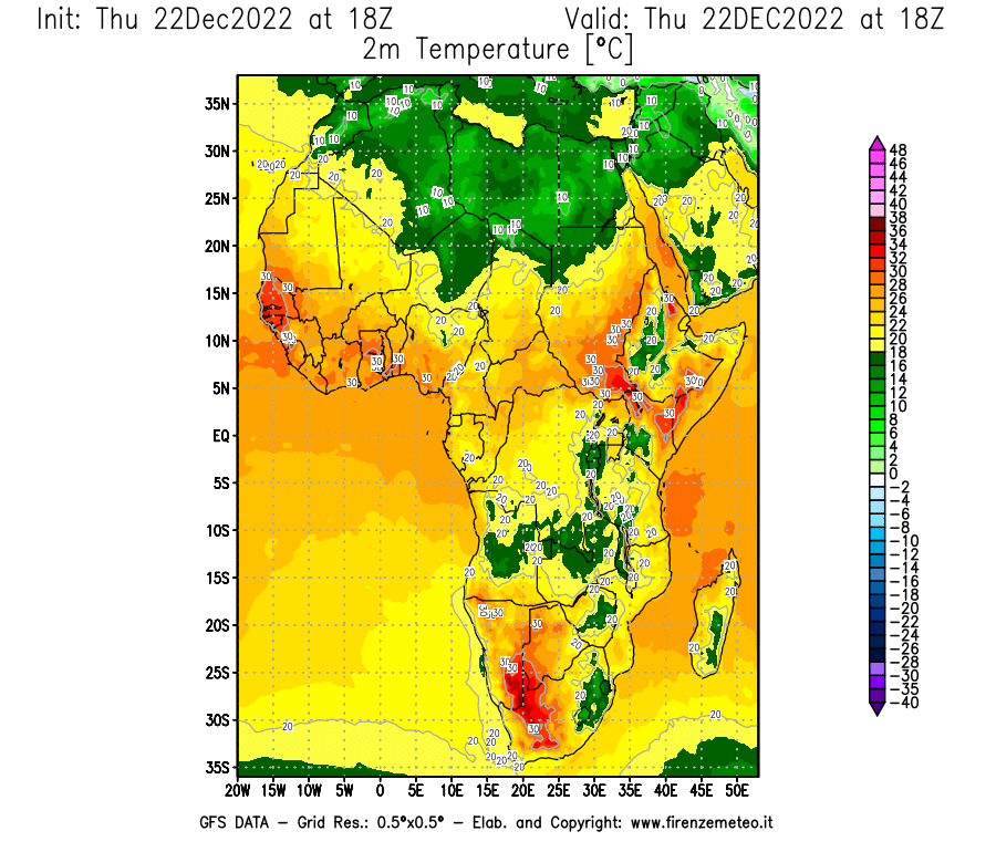 Mappa di analisi GFS - Temperatura a 2 metri dal suolo [°C] in Africa
							del 22/12/2022 18 <!--googleoff: index-->UTC<!--googleon: index-->