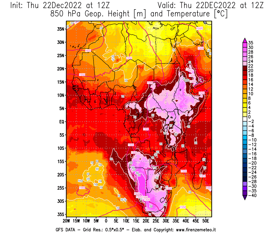 Mappa di analisi GFS - Geopotenziale [m] e Temperatura [°C] a 850 hPa in Africa
							del 22/12/2022 12 <!--googleoff: index-->UTC<!--googleon: index-->