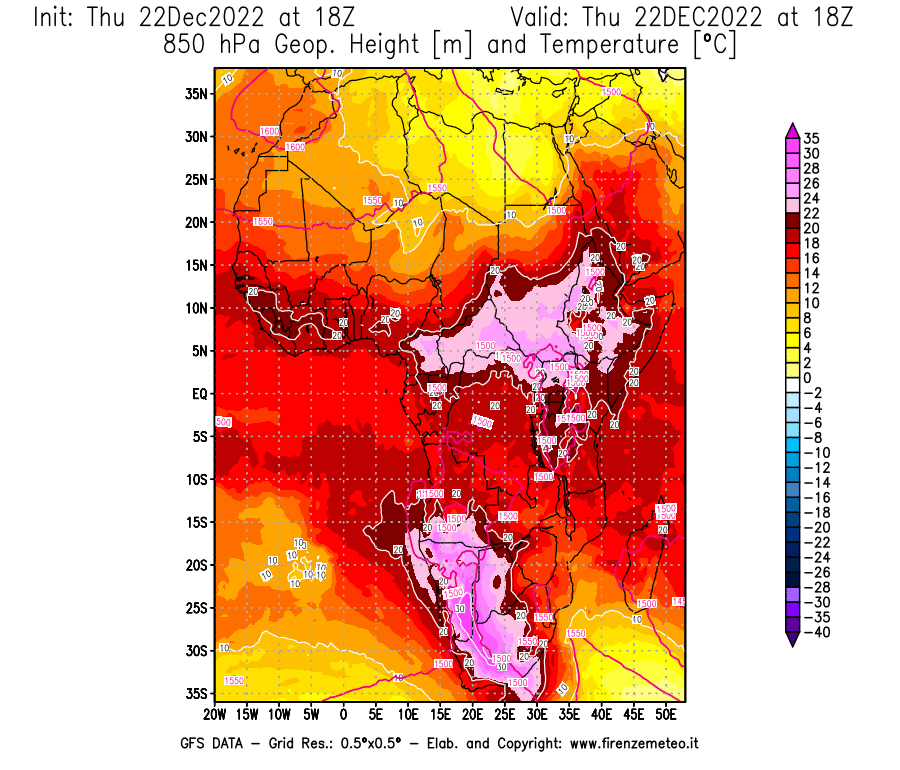 Mappa di analisi GFS - Geopotenziale [m] e Temperatura [°C] a 850 hPa in Africa
							del 22/12/2022 18 <!--googleoff: index-->UTC<!--googleon: index-->