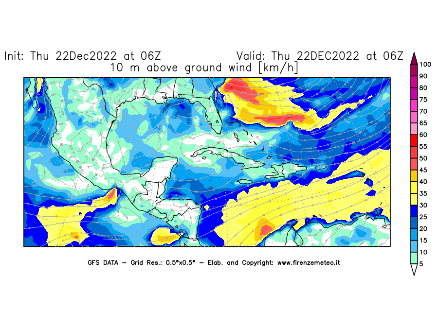 Mappa di analisi GFS - Velocità del vento a 10 metri dal suolo [km/h] in Centro-America
							del 22/12/2022 06 <!--googleoff: index-->UTC<!--googleon: index-->