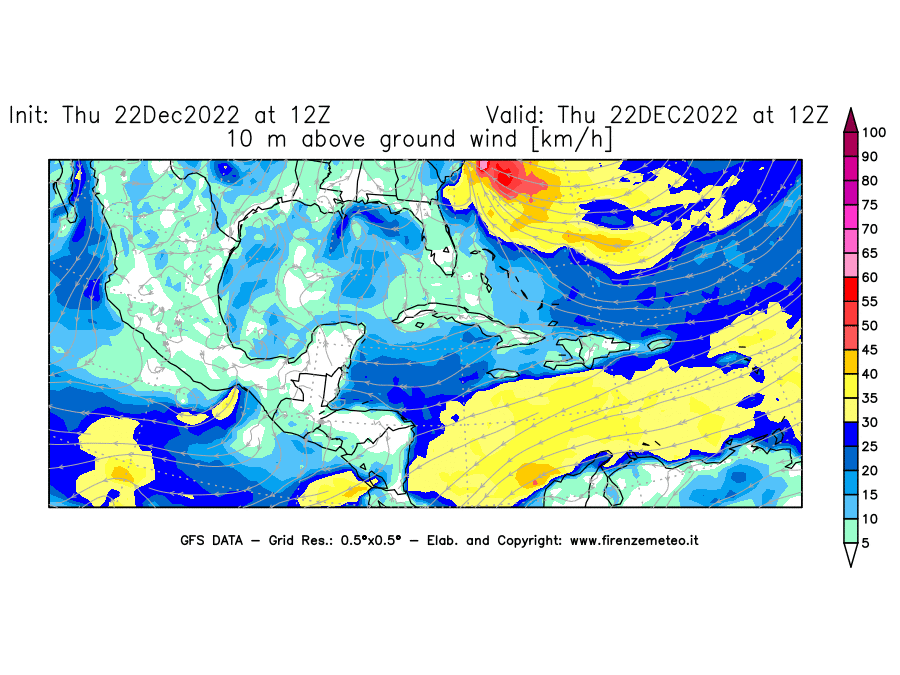 Mappa di analisi GFS - Velocità del vento a 10 metri dal suolo [km/h] in Centro-America
							del 22/12/2022 12 <!--googleoff: index-->UTC<!--googleon: index-->