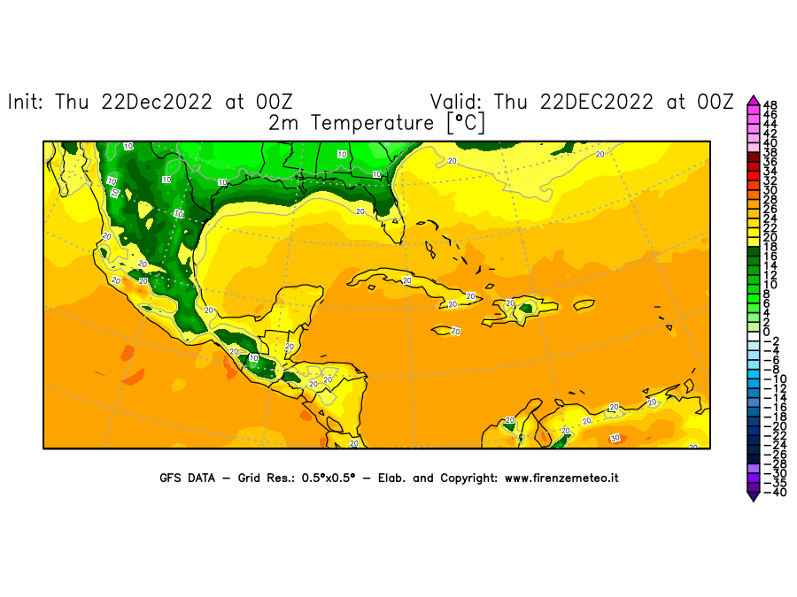 Mappa di analisi GFS - Temperatura a 2 metri dal suolo [°C] in Centro-America
							del 22/12/2022 00 <!--googleoff: index-->UTC<!--googleon: index-->