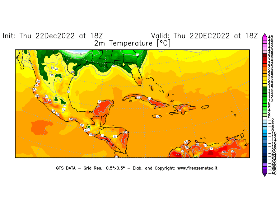 Mappa di analisi GFS - Temperatura a 2 metri dal suolo [°C] in Centro-America
							del 22/12/2022 18 <!--googleoff: index-->UTC<!--googleon: index-->