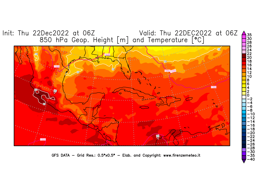 Mappa di analisi GFS - Geopotenziale [m] e Temperatura [°C] a 850 hPa in Centro-America
							del 22/12/2022 06 <!--googleoff: index-->UTC<!--googleon: index-->