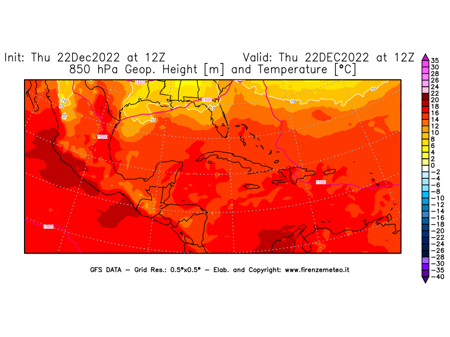 Mappa di analisi GFS - Geopotenziale [m] e Temperatura [°C] a 850 hPa in Centro-America
							del 22/12/2022 12 <!--googleoff: index-->UTC<!--googleon: index-->