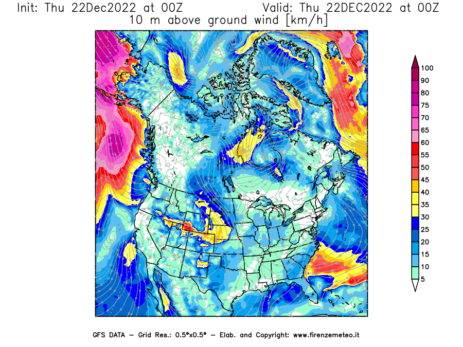 Mappa di analisi GFS - Velocità del vento a 10 metri dal suolo [km/h] in Nord-America
							del 22/12/2022 00 <!--googleoff: index-->UTC<!--googleon: index-->