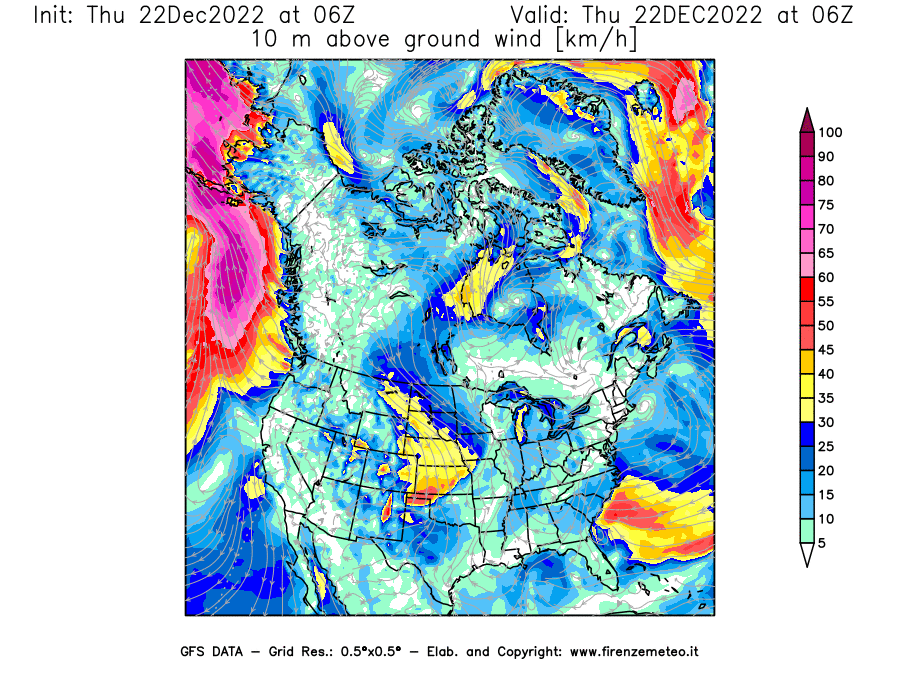 Mappa di analisi GFS - Velocità del vento a 10 metri dal suolo [km/h] in Nord-America
							del 22/12/2022 06 <!--googleoff: index-->UTC<!--googleon: index-->