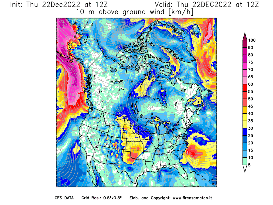 Mappa di analisi GFS - Velocità del vento a 10 metri dal suolo [km/h] in Nord-America
							del 22/12/2022 12 <!--googleoff: index-->UTC<!--googleon: index-->