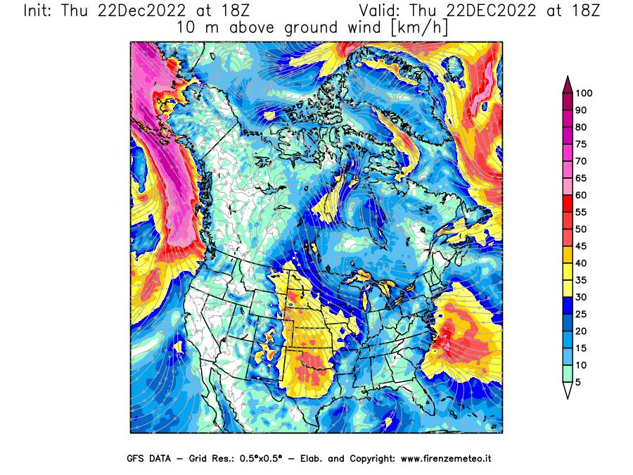 Mappa di analisi GFS - Velocità del vento a 10 metri dal suolo [km/h] in Nord-America
							del 22/12/2022 18 <!--googleoff: index-->UTC<!--googleon: index-->