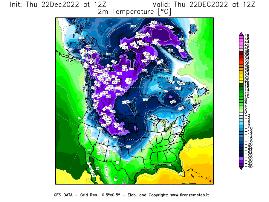 Mappa di analisi GFS - Temperatura a 2 metri dal suolo [°C] in Nord-America
							del 22/12/2022 12 <!--googleoff: index-->UTC<!--googleon: index-->