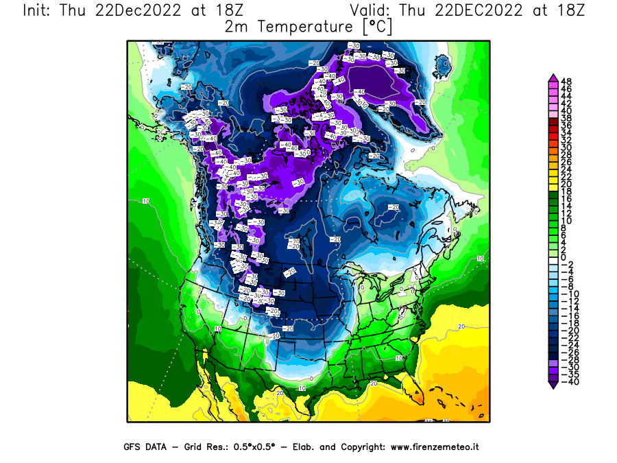 Mappa di analisi GFS - Temperatura a 2 metri dal suolo [°C] in Nord-America
							del 22/12/2022 18 <!--googleoff: index-->UTC<!--googleon: index-->