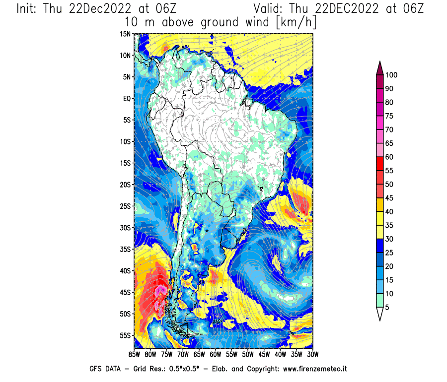 Mappa di analisi GFS - Velocità del vento a 10 metri dal suolo [km/h] in Sud-America
							del 22/12/2022 06 <!--googleoff: index-->UTC<!--googleon: index-->