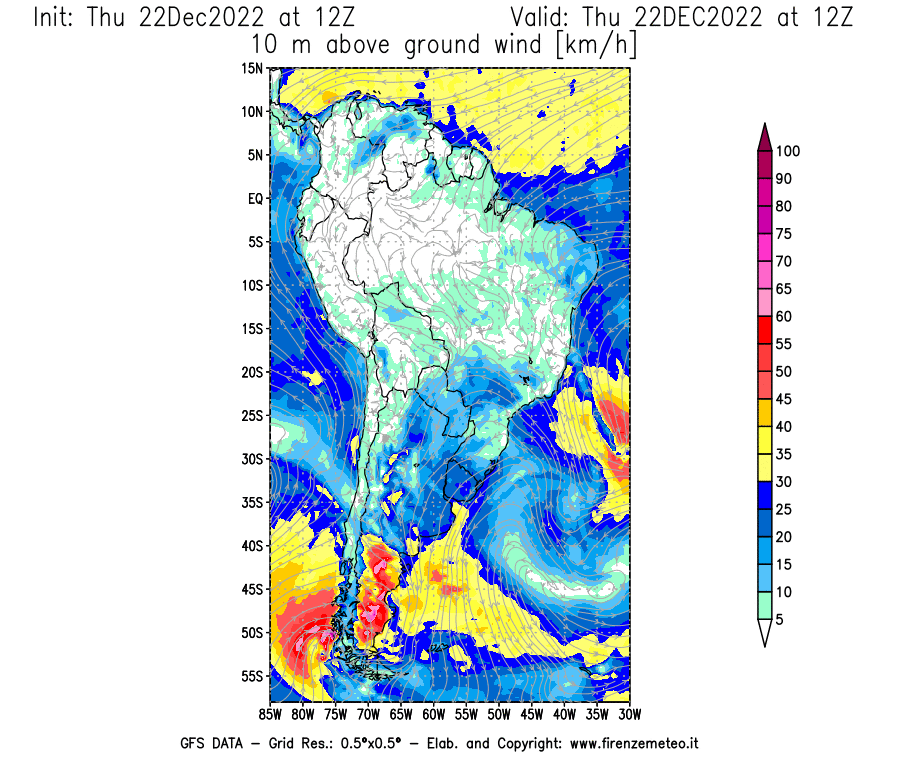 Mappa di analisi GFS - Velocità del vento a 10 metri dal suolo [km/h] in Sud-America
							del 22/12/2022 12 <!--googleoff: index-->UTC<!--googleon: index-->