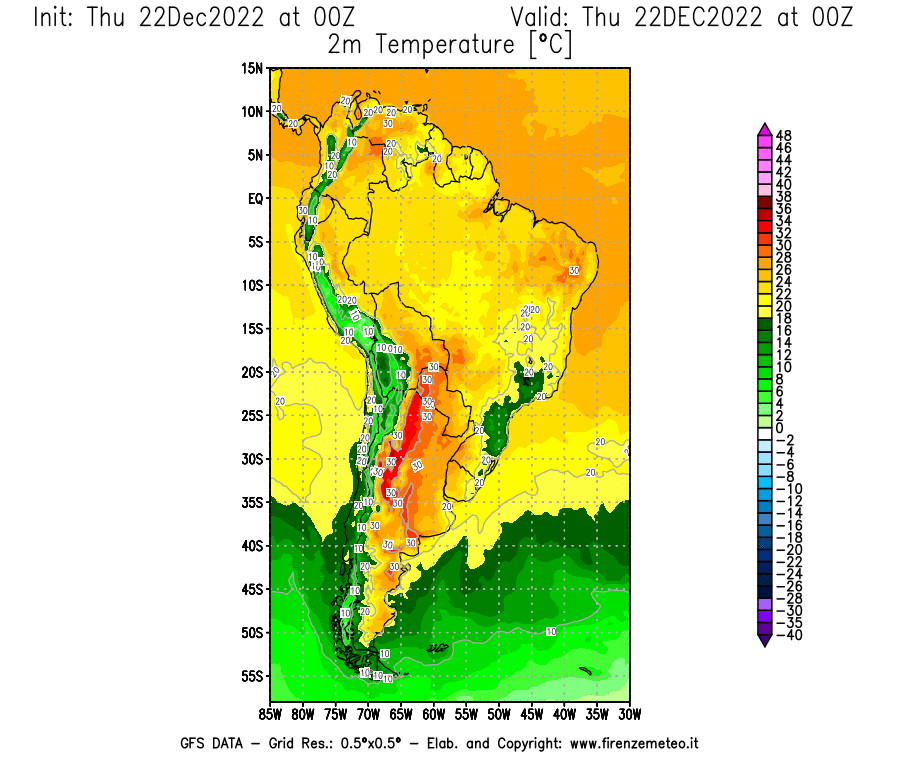 Mappa di analisi GFS - Temperatura a 2 metri dal suolo [°C] in Sud-America
							del 22/12/2022 00 <!--googleoff: index-->UTC<!--googleon: index-->