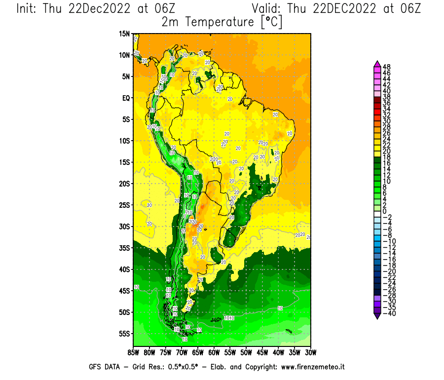 Mappa di analisi GFS - Temperatura a 2 metri dal suolo [°C] in Sud-America
							del 22/12/2022 06 <!--googleoff: index-->UTC<!--googleon: index-->
