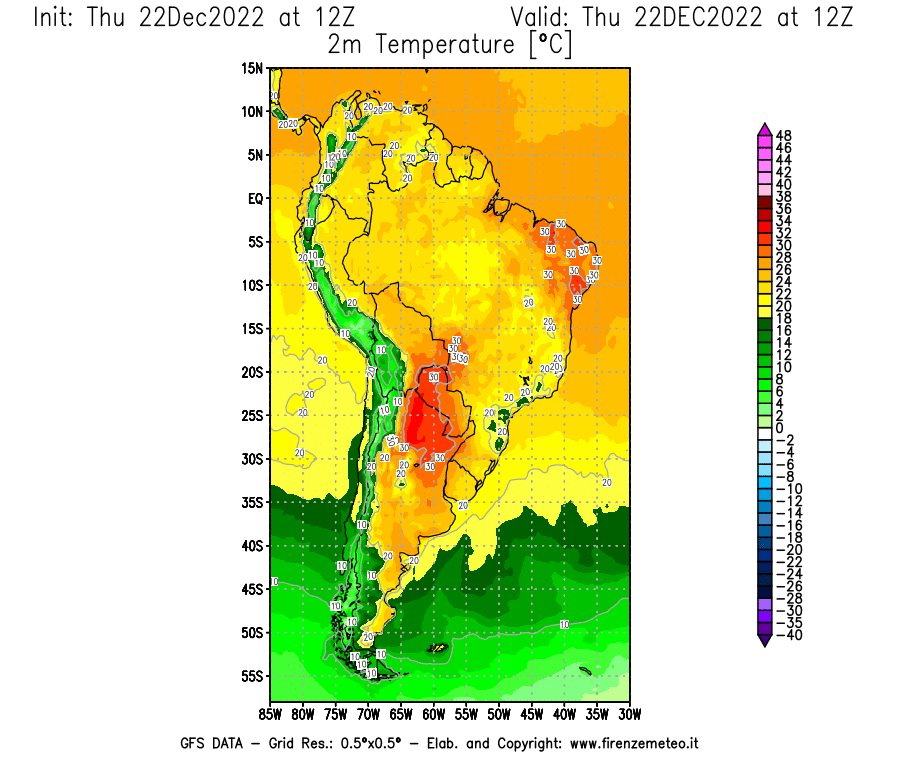 Mappa di analisi GFS - Temperatura a 2 metri dal suolo [°C] in Sud-America
							del 22/12/2022 12 <!--googleoff: index-->UTC<!--googleon: index-->