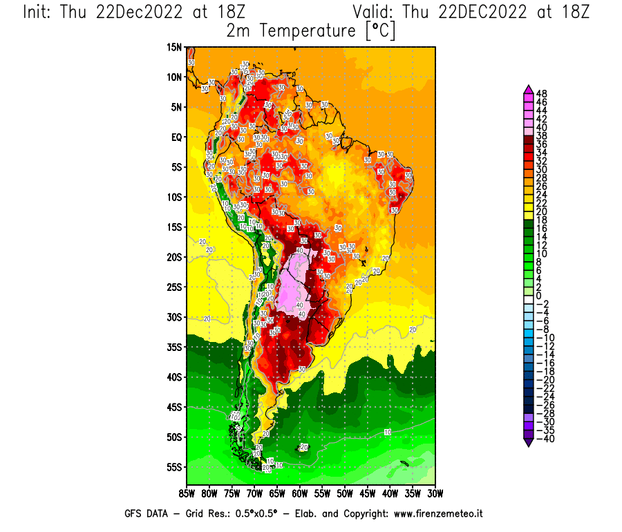 Mappa di analisi GFS - Temperatura a 2 metri dal suolo [°C] in Sud-America
							del 22/12/2022 18 <!--googleoff: index-->UTC<!--googleon: index-->