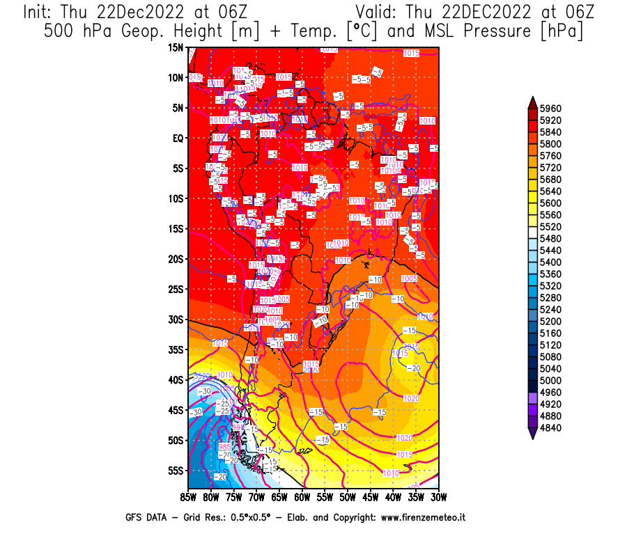 Mappa di analisi GFS - Geopotenziale [m] + Temp. [°C] a 500 hPa + Press. a livello del mare [hPa] in Sud-America
							del 22/12/2022 06 <!--googleoff: index-->UTC<!--googleon: index-->