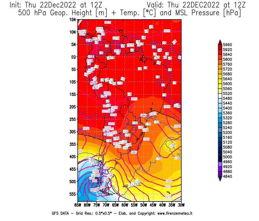 Mappa di analisi GFS - Geopotenziale [m] + Temp. [°C] a 500 hPa + Press. a livello del mare [hPa] in Sud-America
							del 22/12/2022 12 <!--googleoff: index-->UTC<!--googleon: index-->