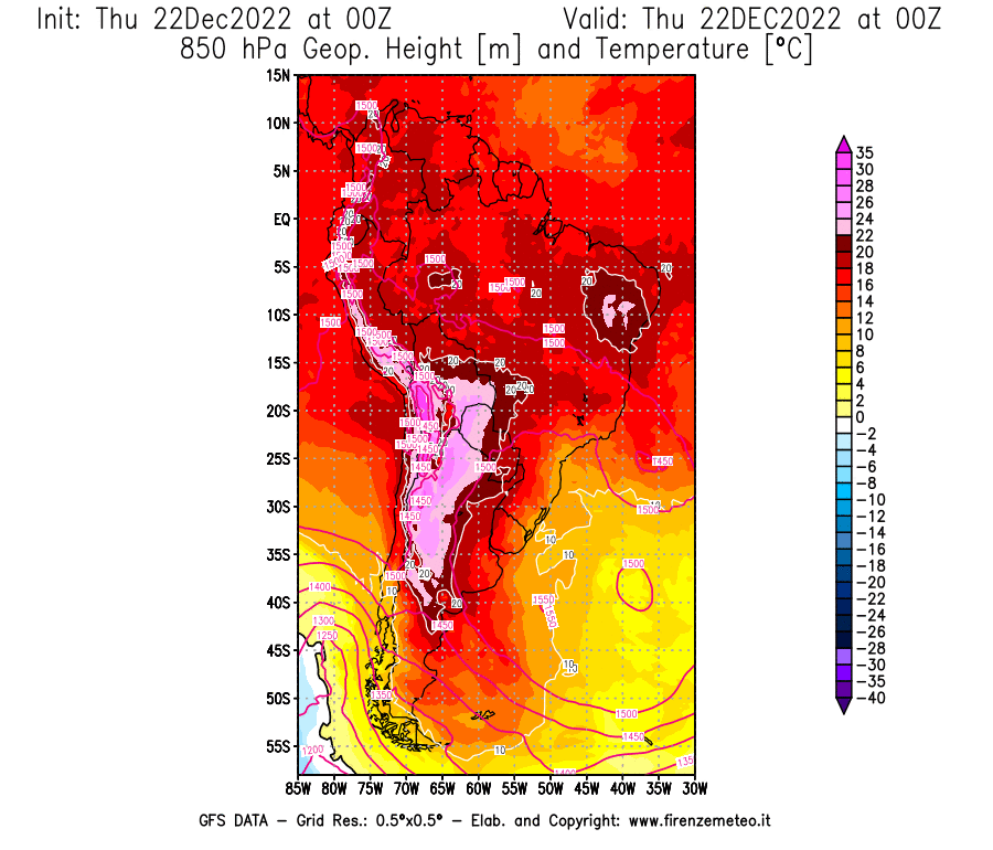 Mappa di analisi GFS - Geopotenziale [m] e Temperatura [°C] a 850 hPa in Sud-America
							del 22/12/2022 00 <!--googleoff: index-->UTC<!--googleon: index-->