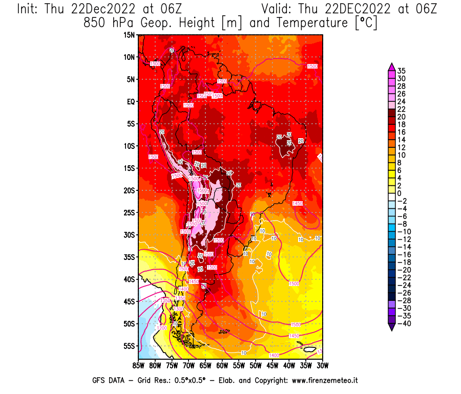 Mappa di analisi GFS - Geopotenziale [m] e Temperatura [°C] a 850 hPa in Sud-America
							del 22/12/2022 06 <!--googleoff: index-->UTC<!--googleon: index-->