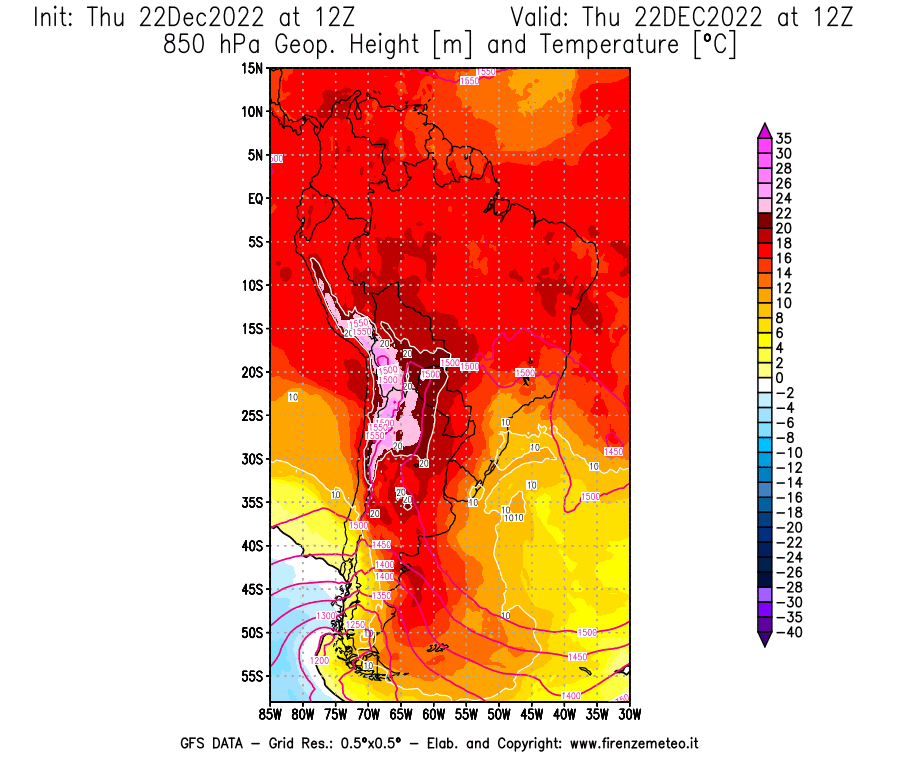 Mappa di analisi GFS - Geopotenziale [m] e Temperatura [°C] a 850 hPa in Sud-America
							del 22/12/2022 12 <!--googleoff: index-->UTC<!--googleon: index-->