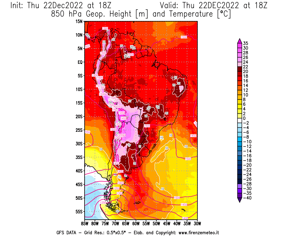 Mappa di analisi GFS - Geopotenziale [m] e Temperatura [°C] a 850 hPa in Sud-America
							del 22/12/2022 18 <!--googleoff: index-->UTC<!--googleon: index-->