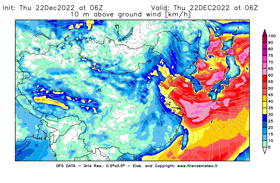 Mappa di analisi GFS - Velocità del vento a 10 metri dal suolo [km/h] in Asia Orientale
							del 22/12/2022 06 <!--googleoff: index-->UTC<!--googleon: index-->