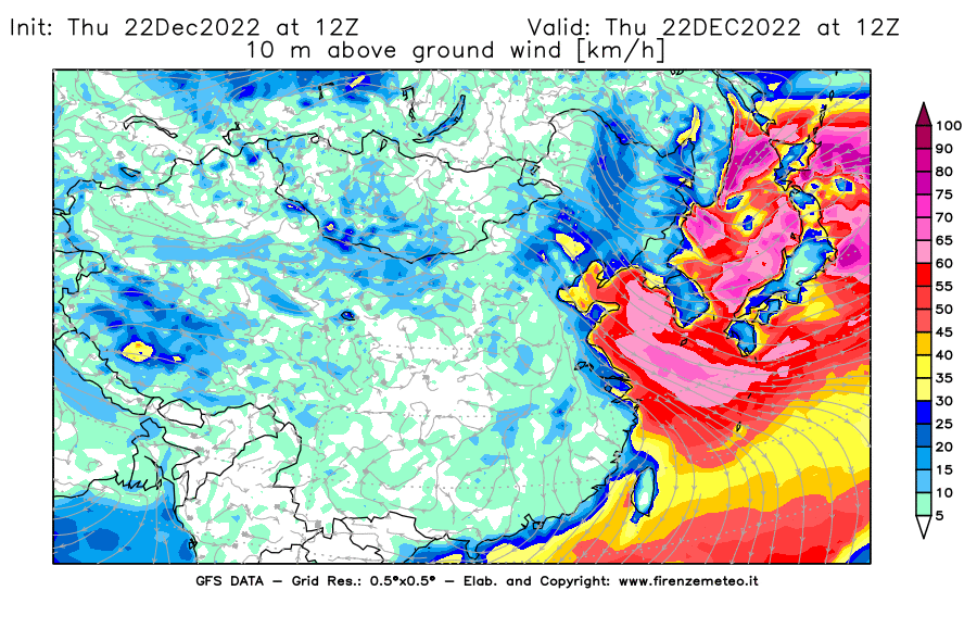 Mappa di analisi GFS - Velocità del vento a 10 metri dal suolo [km/h] in Asia Orientale
							del 22/12/2022 12 <!--googleoff: index-->UTC<!--googleon: index-->