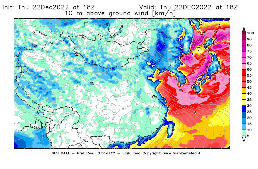 Mappa di analisi GFS - Velocità del vento a 10 metri dal suolo [km/h] in Asia Orientale
							del 22/12/2022 18 <!--googleoff: index-->UTC<!--googleon: index-->