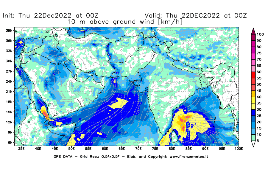 Mappa di analisi GFS - Velocità del vento a 10 metri dal suolo [km/h] in Asia Sud-Occidentale
							del 22/12/2022 00 <!--googleoff: index-->UTC<!--googleon: index-->