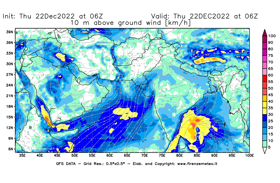 Mappa di analisi GFS - Velocità del vento a 10 metri dal suolo [km/h] in Asia Sud-Occidentale
							del 22/12/2022 06 <!--googleoff: index-->UTC<!--googleon: index-->