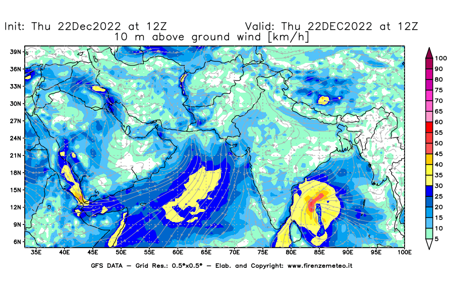 Mappa di analisi GFS - Velocità del vento a 10 metri dal suolo [km/h] in Asia Sud-Occidentale
							del 22/12/2022 12 <!--googleoff: index-->UTC<!--googleon: index-->
