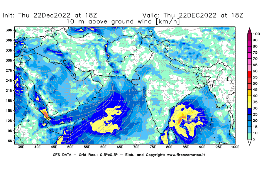Mappa di analisi GFS - Velocità del vento a 10 metri dal suolo [km/h] in Asia Sud-Occidentale
							del 22/12/2022 18 <!--googleoff: index-->UTC<!--googleon: index-->