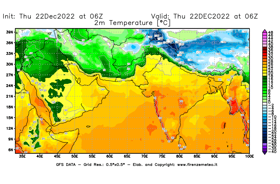 Mappa di analisi GFS - Temperatura a 2 metri dal suolo [°C] in Asia Sud-Occidentale
							del 22/12/2022 06 <!--googleoff: index-->UTC<!--googleon: index-->