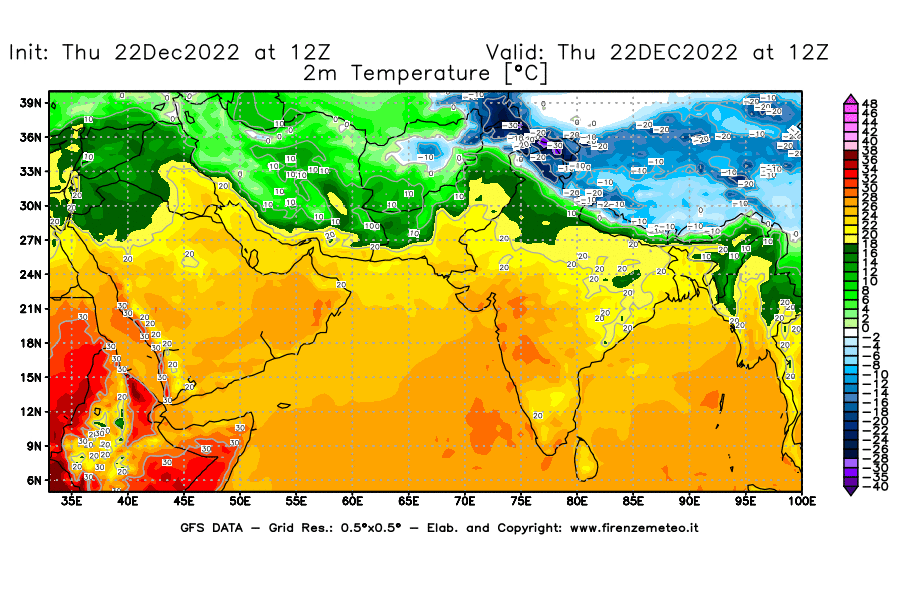 Mappa di analisi GFS - Temperatura a 2 metri dal suolo [°C] in Asia Sud-Occidentale
							del 22/12/2022 12 <!--googleoff: index-->UTC<!--googleon: index-->