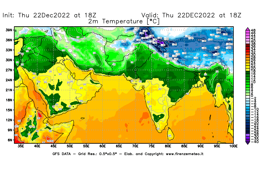 Mappa di analisi GFS - Temperatura a 2 metri dal suolo [°C] in Asia Sud-Occidentale
							del 22/12/2022 18 <!--googleoff: index-->UTC<!--googleon: index-->