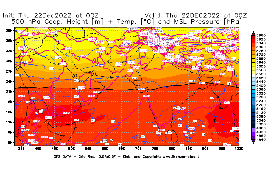 Mappa di analisi GFS - Geopotenziale [m] + Temp. [°C] a 500 hPa + Press. a livello del mare [hPa] in Asia Sud-Occidentale
							del 22/12/2022 00 <!--googleoff: index-->UTC<!--googleon: index-->