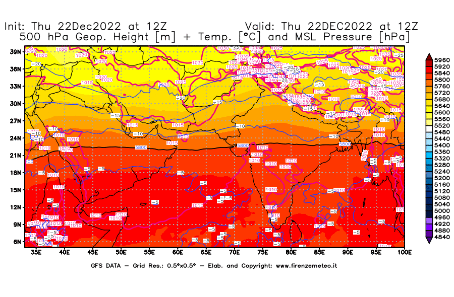 Mappa di analisi GFS - Geopotenziale [m] + Temp. [°C] a 500 hPa + Press. a livello del mare [hPa] in Asia Sud-Occidentale
							del 22/12/2022 12 <!--googleoff: index-->UTC<!--googleon: index-->