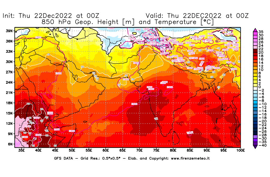 Mappa di analisi GFS - Geopotenziale [m] e Temperatura [°C] a 850 hPa in Asia Sud-Occidentale
							del 22/12/2022 00 <!--googleoff: index-->UTC<!--googleon: index-->