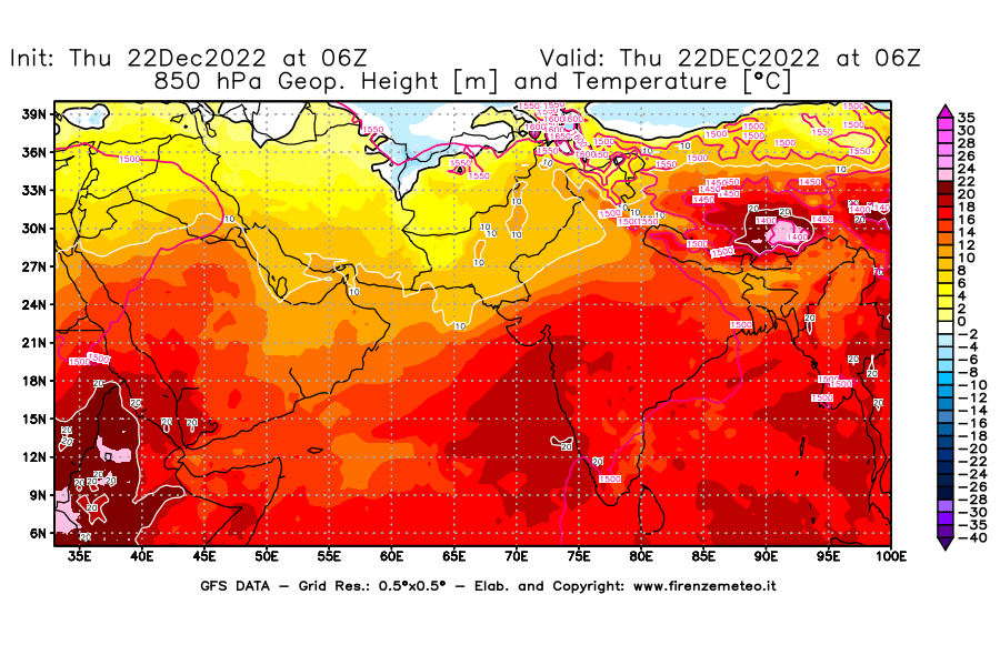 Mappa di analisi GFS - Geopotenziale [m] e Temperatura [°C] a 850 hPa in Asia Sud-Occidentale
							del 22/12/2022 06 <!--googleoff: index-->UTC<!--googleon: index-->