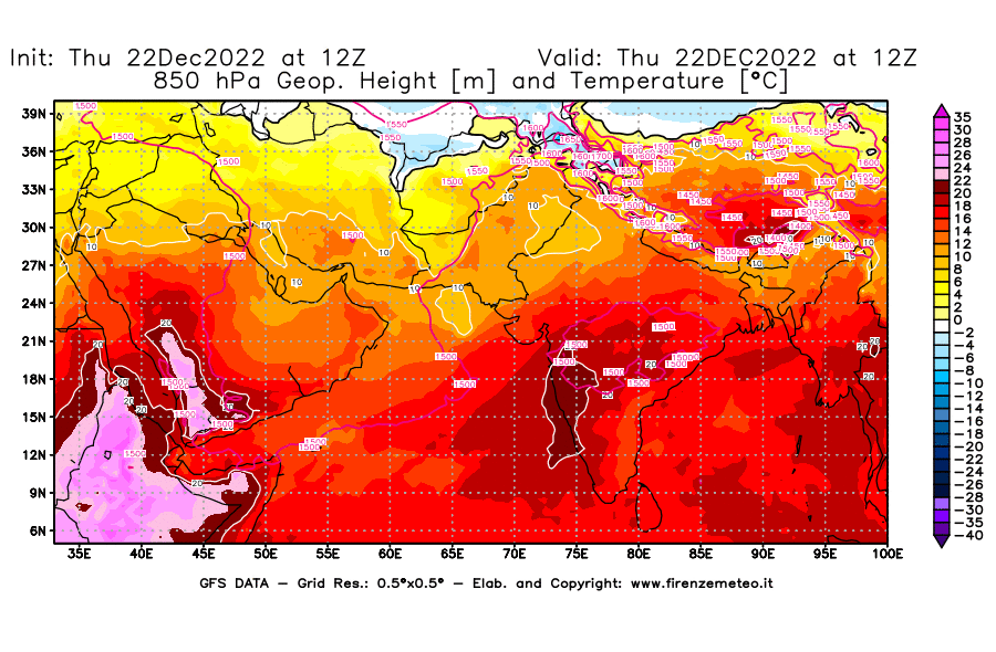 Mappa di analisi GFS - Geopotenziale [m] e Temperatura [°C] a 850 hPa in Asia Sud-Occidentale
							del 22/12/2022 12 <!--googleoff: index-->UTC<!--googleon: index-->