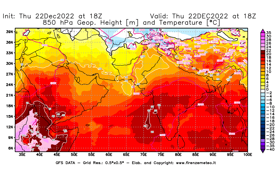 Mappa di analisi GFS - Geopotenziale [m] e Temperatura [°C] a 850 hPa in Asia Sud-Occidentale
							del 22/12/2022 18 <!--googleoff: index-->UTC<!--googleon: index-->