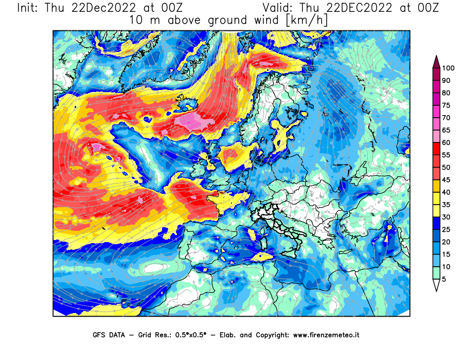 Mappa di analisi GFS - Velocità del vento a 10 metri dal suolo [km/h] in Europa
							del 22/12/2022 00 <!--googleoff: index-->UTC<!--googleon: index-->