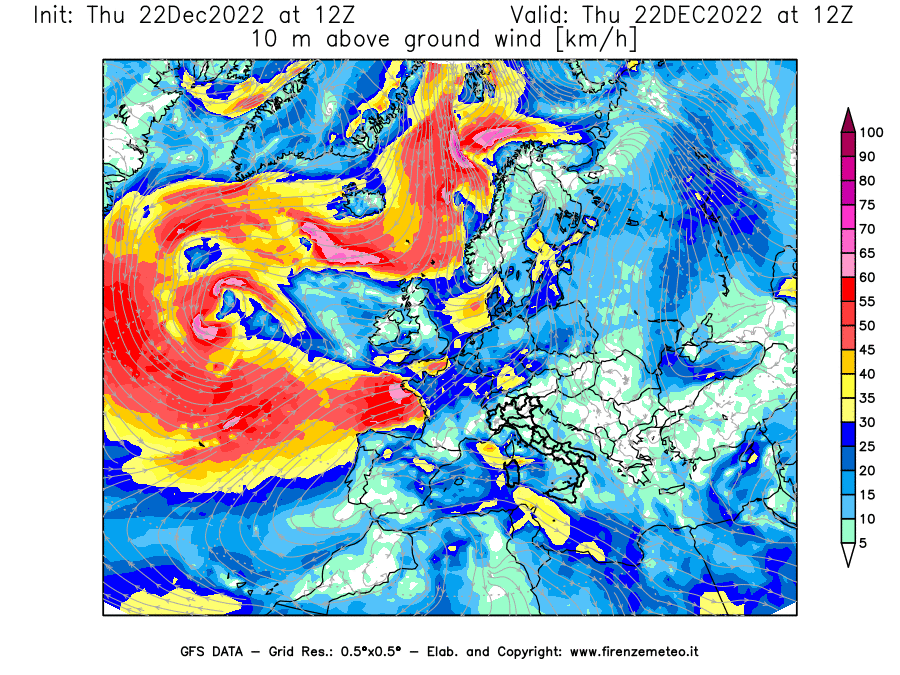 Mappa di analisi GFS - Velocità del vento a 10 metri dal suolo [km/h] in Europa
							del 22/12/2022 12 <!--googleoff: index-->UTC<!--googleon: index-->